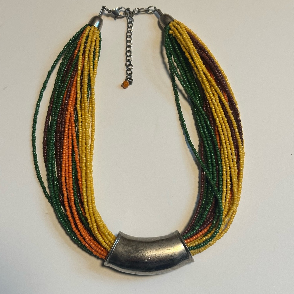 Multistrand Seed Bead Necklace with Silver-Tone Accent — Yellow, Green, Orange